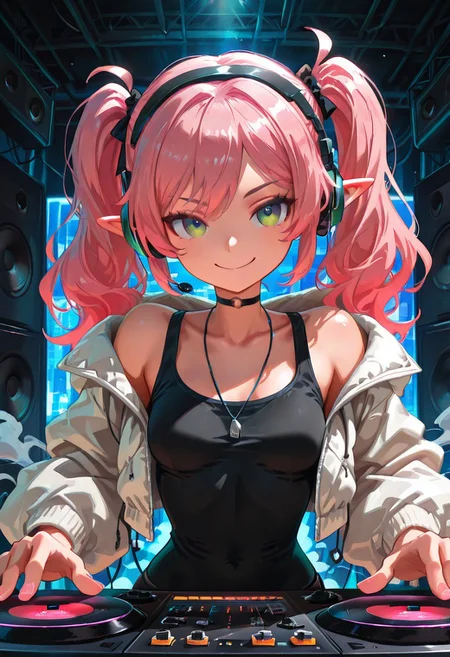 solo, elf girl, skinny, long pink hair, twintails, green eyes, small breasts, black tank top, white puff jacket, headphones, concentrating, smile, turntable, speakers, colorful light show, smoke, sound equipment, dj, rave, indoors, crowd in background, t4kar4i_illu, no_outlines, no lineart, masterpiece, best quality, absurdres,