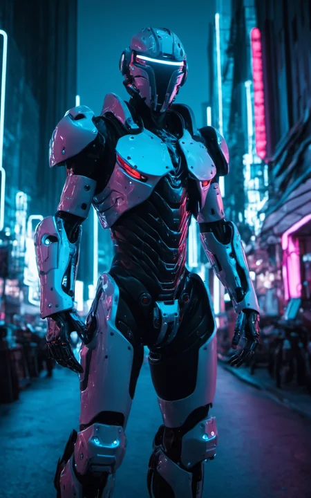 mech warrior in a futuristic city street,neon lights,highly detailed photography,RAW,