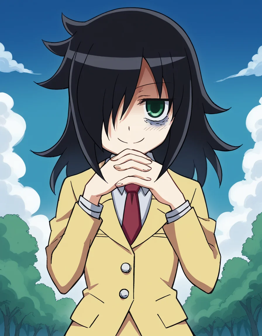 score_9, score_8_up, score_7_up, source_anime, <lora:tomoko-kuroki-s1-ponyxl-lora-nochekaiser:1>, tomoko kuroki, long hair, black hair, green eyes, hair over one eye, bags under eyes,, skirt, school uniform, necktie, blazer,, floating island, sky, clouds, greenery, magical, smile, <lora:gendou-pose-ponyxl-lora-nochekaiser:1>, gendou pose, own hands clasped, own hands together, parody,, looking at viewer, solo,, dutch angle, cowboy shot