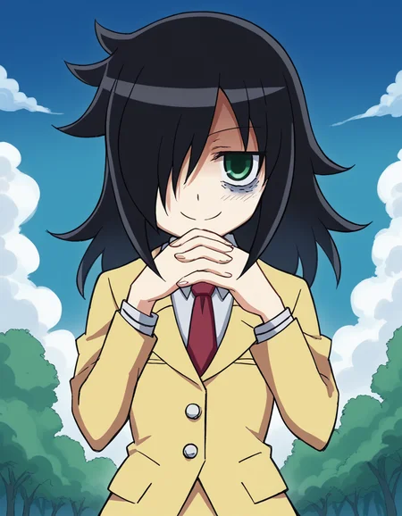 score_9, score_8_up, score_7_up, source_anime, <lora:tomoko-kuroki-s1-ponyxl-lora-nochekaiser:1>, tomoko kuroki, long hair, black hair, green eyes, hair over one eye, bags under eyes,, skirt, school uniform, necktie, blazer,, floating island, sky, clouds, greenery, magical, smile, <lora:gendou-pose-ponyxl-lora-nochekaiser:1>, gendou pose, own hands clasped, own hands together, parody,, looking at viewer, solo,, dutch angle, cowboy shot