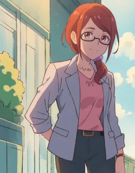 score_9, score_8_up, score_7_up, anime screencap, solo,1girl,nonosumire, glasses, jewelry, necklace, pants, jacket, purple scrunchie, semi-rimless eyewear, watch,cowboy shot,medium breasts,wide hip,smile <lora:nonosumire:0.8>