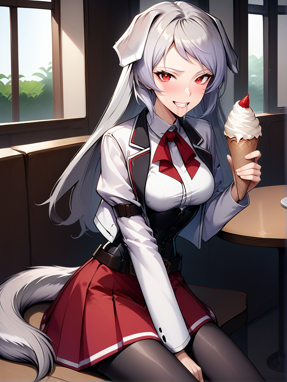 score_9, score_8_up, score_7_up, source_anime
1girl, solo,
pursena adoldia, red eyes, long hair, (grey hai, dog ears, grey dog ears,,dog tail, short tail
red skirt, black corset, (white shirt), white jacket, red ribbon, bow, black pantyhose, belt, smile, happy
medium breasts, happy
restaurant, sitting, holding ice cream, drooling
<lora:Expressive_H:0.2> <lora:housechores-guy-PONYv1:0.4>  <lora:pursena 0.1:1>