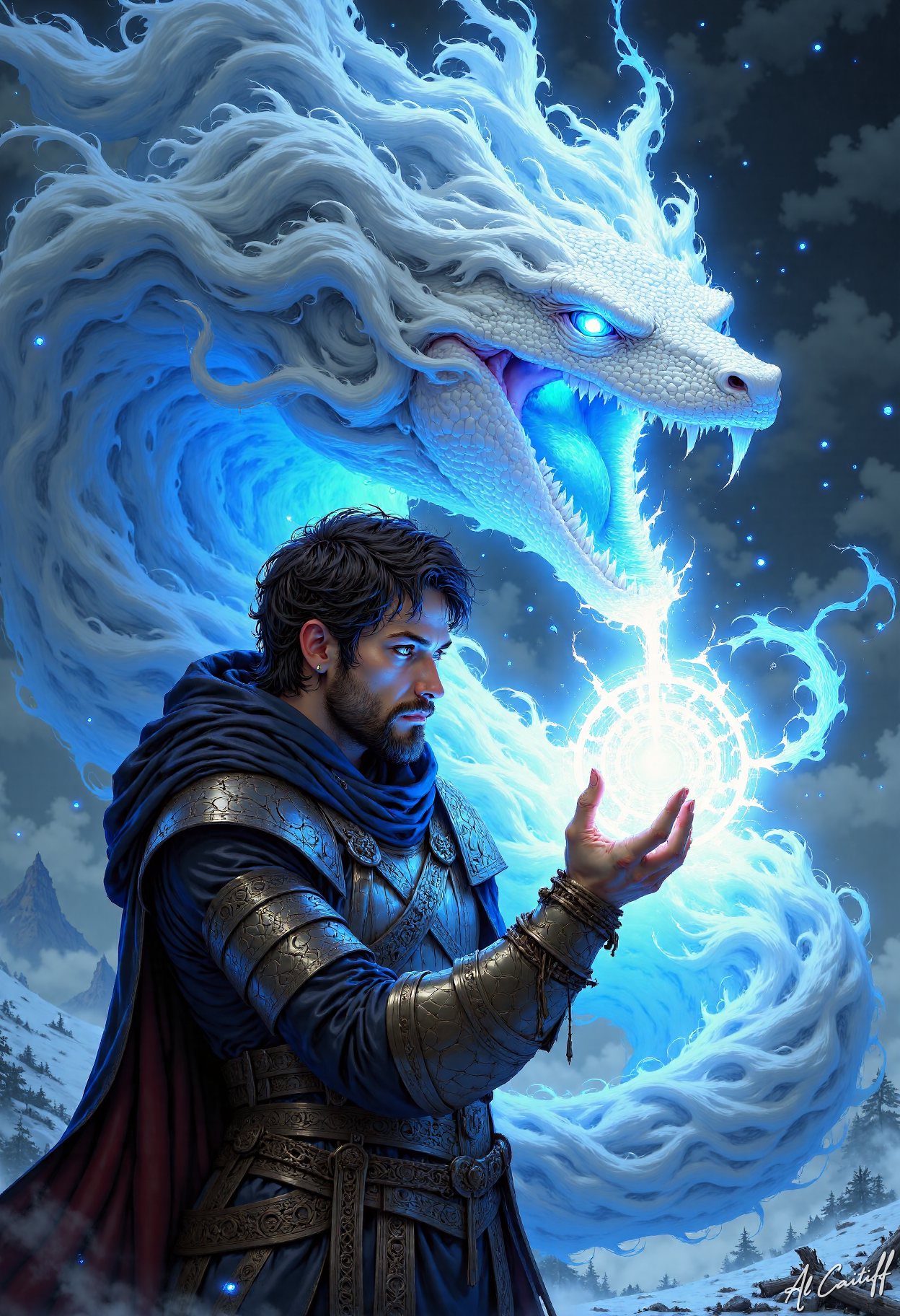 an anime style illustration depicting a mystical scene set in snow montain, the central figure is a man with a rugged, muscular physique and dark, tousled hair, he has a full beard and piercing blue eyes, giving him a mystical appearance, he is dressed in heavy armor plate, suggesting a medieval or fantasy theme, the man is casting a cloud white and blue snake spell, the background is a white snow montain, creating a sense of depth and mystery, the overall color palette is dominated by white and blues, enhancing the mystical and otherworldly atmosphere, the illustration style is anime like<lora:CustomFlux/SnakeSpell.safetensors:1.0:1.0>