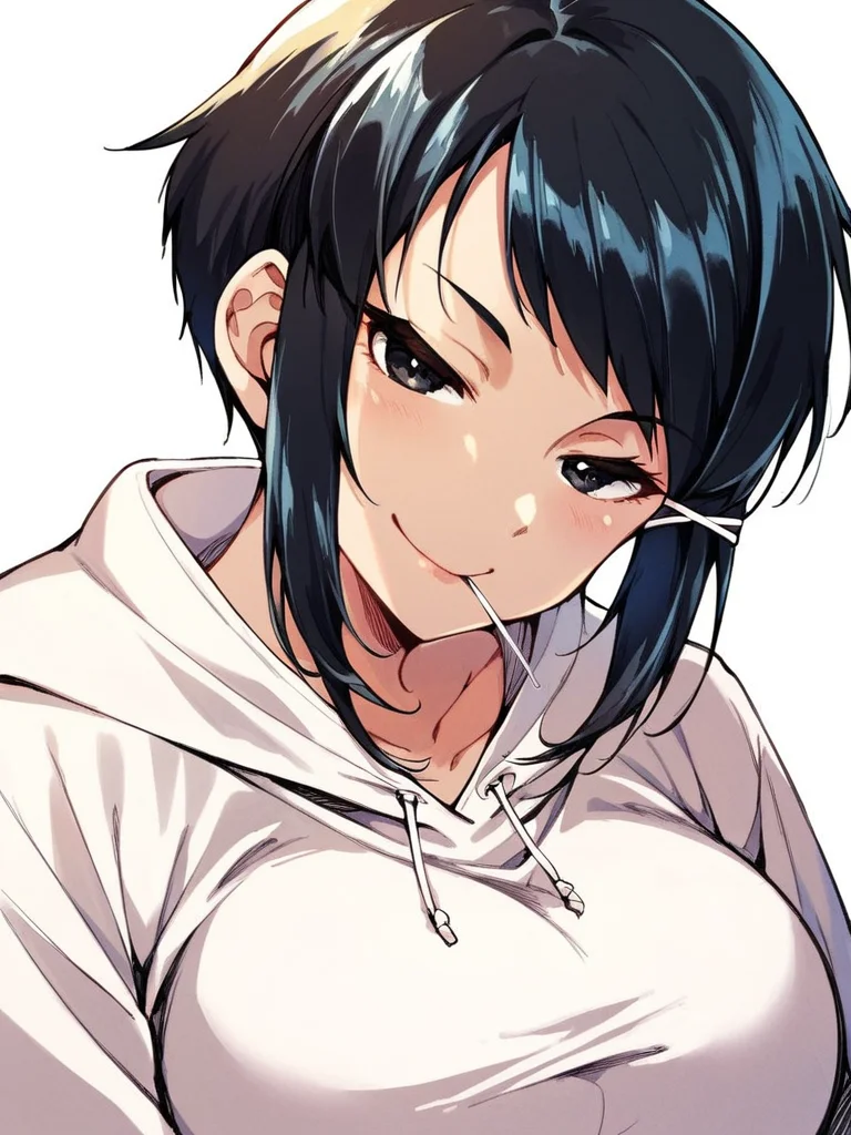 score_9, score_8_up, score_7_up,  
1girl, black eyes , kyouko ke, black hair, short hair, x hair ornament, large breasts,
white hoodie, smile, closed mouth, narrowed eyes, upper body, lollipop in mouth, looking at viewer, white background,
