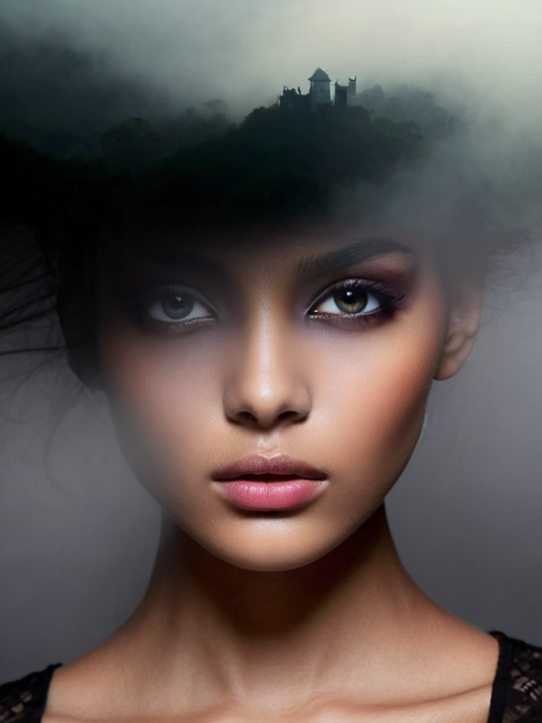 free flowing, high definition, color theory, stunning, sharp focus, close up of head,  portrait of a girl black , and fog amora-style <lora:antonio-mora-style:1>