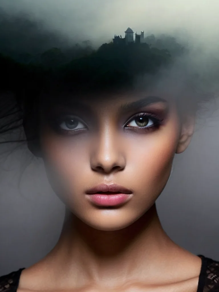 free flowing, high definition, color theory, stunning, sharp focus, close up of head, portrait of a girl black , and fog amora-style <lora:antonio-mora-style:1>