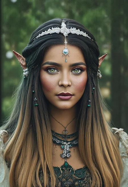 Ultra Realistic Portrait of a breathtaking elven woman with long, flowing hair that transitions from deep forest green at the roots to shimmering gold at the tips. Her eyes are a striking blend of luminous jade and vibrant turquoise, flecked with gold, giving her an enchanting, otherworldly gaze. Her skin has a soft, sun-kissed glow with a subtle iridescence, enhancing her ethereal appearance.
Her high, sculpted cheekbones and delicate, pointed ears add to her regal, timeless beauty. Her lips are full and naturally rosy, exuding warmth and grace. She wears a silver circlet adorned with tiny emerald leaves, which glisten as if touched by dew, adding a touch of elegance and connection to nature. The lighting is soft and natural, casting gentle shadows that highlight the fine details of her face, making her appear as a guardian of the ancient forests