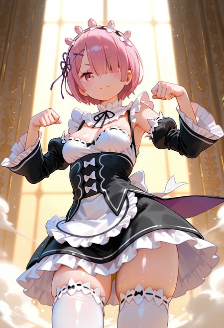 AIイラストおじさん Style, (((1girl, solo))), full_body, firm boobs, perky body, big_booty, cute, perfect_face, beautiful_eyes, shiny eyes, bright eyes, perfect_body, legs and arms, soft skin, (sexy_pose, cute_pose), erotic, Standing up, dynamic pose, ((masterpiece)), vibrant colors, wallpaper, colorful, stunning, ((looking_at_viewer)), sweet thighs, expressive face,(lens flare, god rays, light dust, dust particles:1.3), <lora:Dramatic Lighting Slider:5>, (front view), cowboy shot, shiny skin, skindentation, Ram, (RE:Zero), pink eyes, pink hair, hair ornament, hair over one eye, hair ribbon, short hair, x hair ornament, small breasts, apron, black bow, black dress, black ribbon, bow, detached sleeves, dress, frilled apron, frilled sleeves, frills, juliet sleeves, long sleeves, maid, neck ribbon, puffy sleeves, ribbon, roswaal mansion maid uniform, thighhighs, two-tone dress, waist apron, white bow, white dress, white thighhighs,