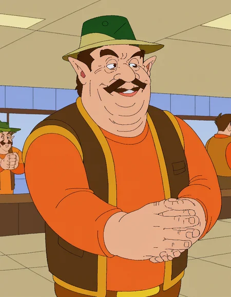 indoors, 2D, flat shading, flat color, jaggy lines, solo,smile,indoors, shop,brown hair,green fedora,shirt,long sleeves,1boy,upper body,pointy ears,vest,facial hair,parody,own hands together,mustache,overalls,orange shirt
<lora:cdiStyleSDXL:1>