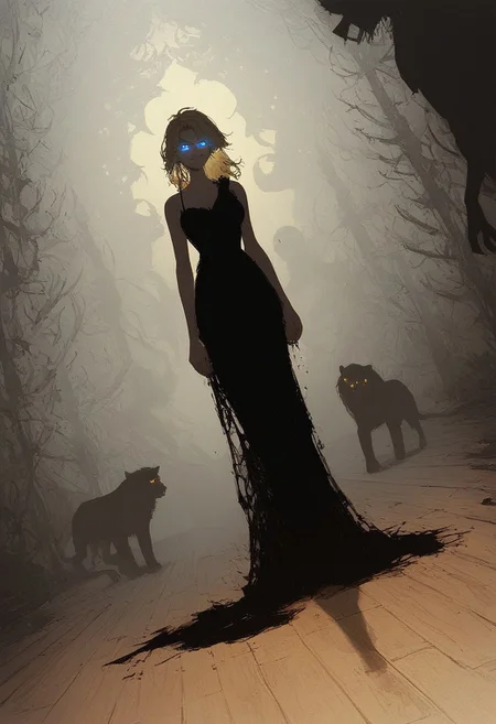 score_9, score_8_up, score_7_up, score_6_up, score_5_up, (art, dutch angle, wet floor, wooden floor, wrecked floor, beast, hulking beast, lion, solo, glowing eyes, (silhouette), 1girl, blonde hair, symmetrical bang, blue eyes, evening gown, smirk)