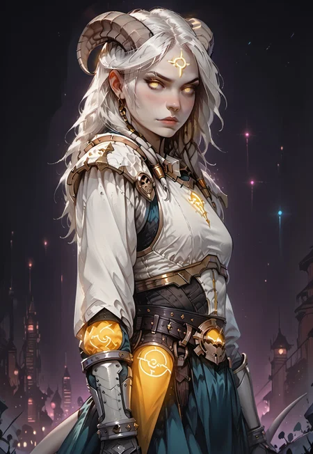 <lora:OZRN:0.9>, score_9, score_8_up, score_7_up, OZRN, digital art, side-view, 1girl, solo, small tits, culDraenei, yellow eyes, no sclera, no pupils, athletic, tall, slim, pale skin, grey skin, long tail, long ears, long hair, armor, breastplate, bracers, pauldrons, skirt, belt, navel, bare stomach, nose-ring, standing, [nose blush:0.8], pale skin, looking at viewer, dark background, (neon lights), (soft glow),<lora:ff:0.2>, gothic anime style,<lora:GothicAnimev1:0.4>