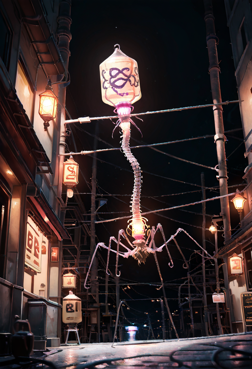 masterpiece, best quality, no humans,   B4cterio, outdoors, night, depth of field, building, scenery, lantern, city, sign, lamppost, industrial pipe,  ,<lora:BacteriophageIXL_v1:1.0>,