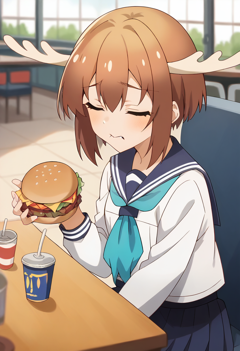 score_9, score_8_up, score_7_up, source_anime, masterpiece, 1girl, solo, ct_shikan0k0, serafuku, sailor collar, blue neckerchief, skirt, long sleeves, indoors, restaurant, table, holding burger, biting burger, closed eyes, sitting,  depth of field, <lora:Shikanoko_Noko_pony_v1:1>