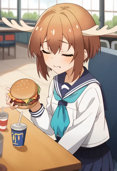 score_9, score_8_up, score_7_up, source_anime, masterpiece, 1girl, solo, ct_shikan0k0, serafuku, sailor collar, blue neckerchief, skirt, long sleeves, indoors, restaurant, table, holding burger, biting burger, closed eyes, sitting,  depth of field, <lora:Shikanoko_Noko_pony_v1:1>
