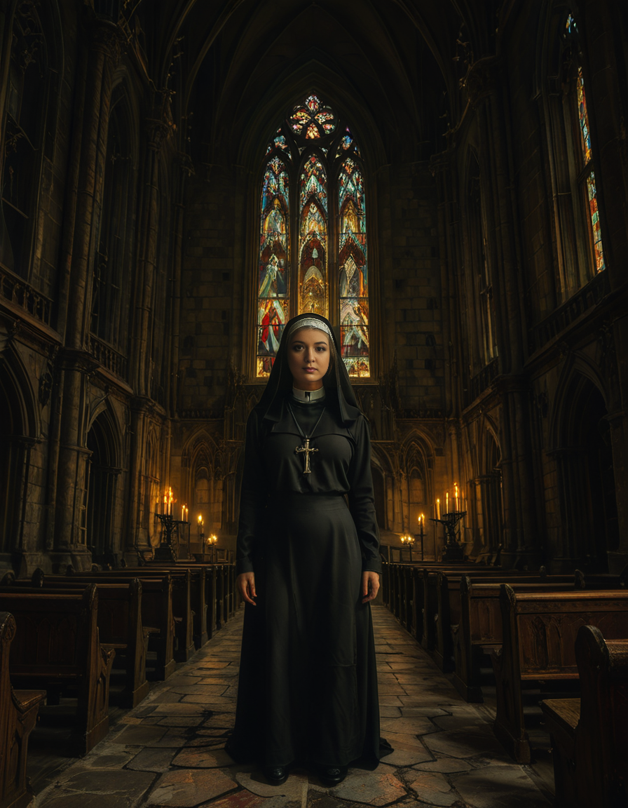 focus on a nun,A gothic scene featuring a mysterious woman dressed as a nun in a flowing black latex habit with intricate lace detailing and choker, standing solemnly inside of a G0th1c church. The atmosphere is charged with tension as an otherworldly presence seems to loom over the scene, casting eerie red and black shadows on the ancient stone. Other nuns in the background appear uneasy, their movements slow and dreamlike, as if they are being influenced by an unseen dark force. The cathedral's gothic architecture towers above with sharp spires, grotesque gargoyles, and a glowing stained-glass window radiating an unnatural crimson light.<lora:SDXLFaeTastic2400:0.4> <lora:extremely_detailed:0.4> extremely detailed, <lora:G0th1c_church:1>, Masterpiece,best quality,hi res,8k,hi res,8k,award winning,(sharp focus, intricate, highly detailed),