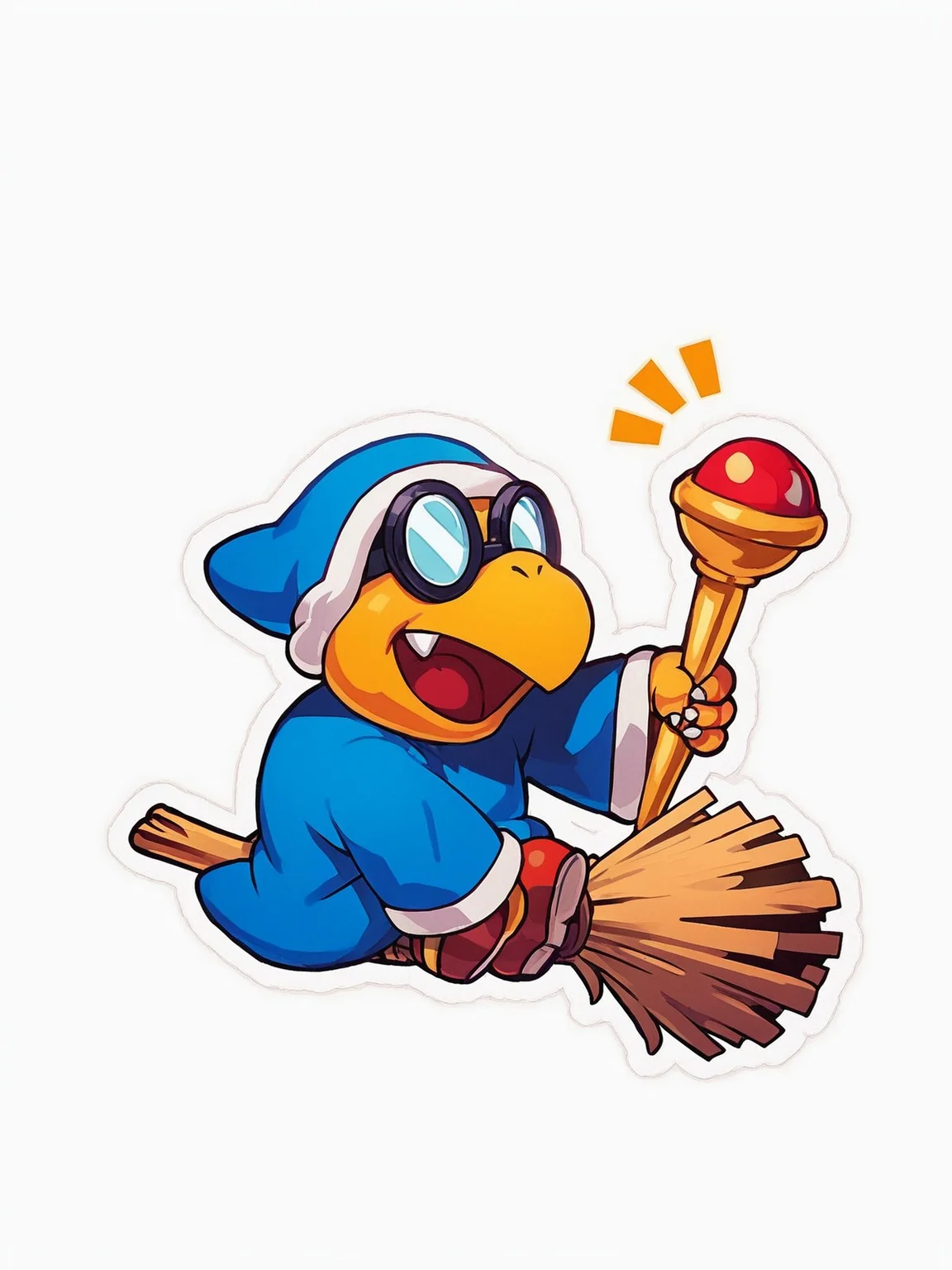 score_9,score_8,score_7,source_furry,kamek_smb,
<solo:1.5>,
<1boy:1.5>,
<white background:1.5>,
<simple background:1.5>,
 hat, solo, fang, broom, white background, simple background, outline, open mouth, full body, blue headwear, holding, smile, sitting, staff, paper_kamek, 2d, goggles,
 <lora:Kamek_SMB_Pony_SDXL:1> kamek_smb