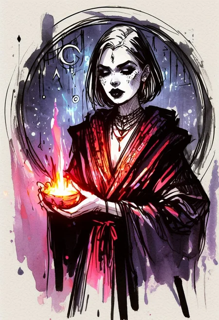 inksketch,
a grim faced young woman wearing a black robe, buzzcut, lipstick, magic circle, sorceror, crystals, portal, lighting, fire, mist, ritual,