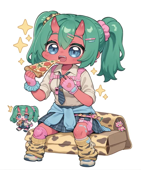 (chibi:1.7), (eating, pizza, open mouth, sparkles, sitting, surprised, :o, fangs, teeth:1.3), (simple background, white background:1.4), fortnite_nemia, 1girl, solo, green hair, twintails, ponytail, long hair, bangs, hair between eyes, hair over one eye, ears, horns, oni horns, single horn, red skin, pink skin, blue eyes, parted lips, bandaid, smile, breasts, shirt, school uniform, necktie, plaid skirt, thighhighs, socks, loose socks, boots, jewelry, earrings, bracelet, charm, belt, gloves, fingerless gloves, knee pads, leg warmers, collarbone, solo, colored skin, hair ornament, hairclip, scrunchie, holster, striped necktie, clothes around waist, oni, plaid, charm (object), blue necktie, bag, sweater around waist, animal print, heart, shoes, star (symbol), thigh holster, <lora:Fortnite_Nemia_Demonically_Cute_Set_ILXL_E41_16_DIM:0.8> <lora:Miratsu169_Style_il_v1.0:1.1>