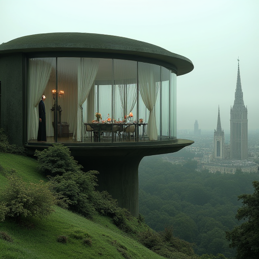 A house that should not exist—perched high on a mist-covered hill, its **glass extensions curve like the ribcage of some massive fossilized beast**. Through the panoramic windows, a table is set for **a dinner that will never be eaten**, lit by candles that **never fully melt**.   Beyond the overgrown balcony, a city of **towering, gothic spires and mirrored skyscrapers stretches into eternity**, its skyline repeating in a way that defies logic. Somewhere in the distance, a church bell rings, but no one is there to ring it.   The grass is too green. The walls of the mansion are too smooth, too organic—almost as if they were once alive. The curtains **move slightly, even though there is no wind.**    **Inspired by:** eerie dream mansions, infinite cities, gothic utopias, forgotten gods watching through glass.