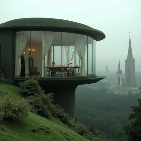 A house that should not exist—perched high on a mist-covered hill, its **glass extensions curve like the ribcage of some massive fossilized beast**. Through the panoramic windows, a table is set for **a dinner that will never be eaten**, lit by candles that **never fully melt**.   Beyond the overgrown balcony, a city of **towering, gothic spires and mirrored skyscrapers stretches into eternity**, its skyline repeating in a way that defies logic. Somewhere in the distance, a church bell rings, but no one is there to ring it.   The grass is too green. The walls of the mansion are too smooth, too organic—almost as if they were once alive. The curtains **move slightly, even though there is no wind.**    **Inspired by:** eerie dream mansions, infinite cities, gothic utopias, forgotten gods watching through glass.