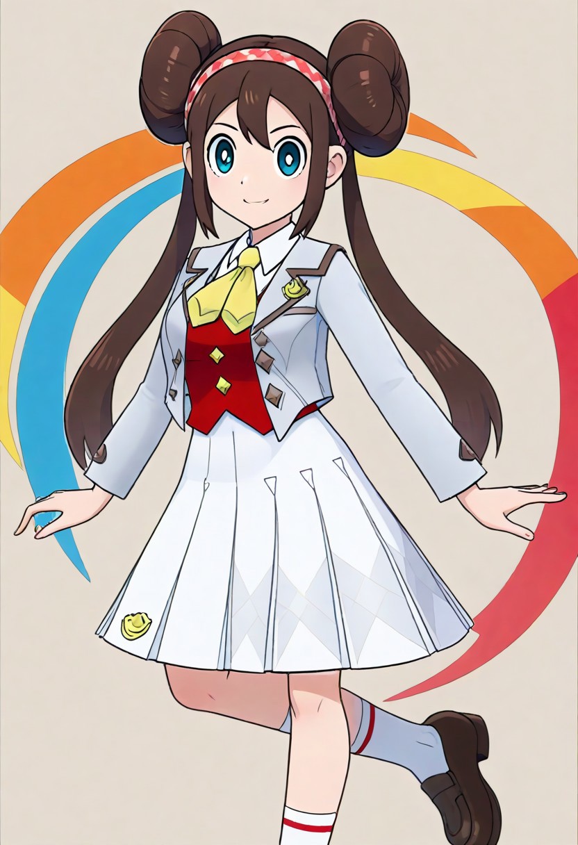 2d, masterpiece, best quality, amazing quality, 1girl, solo, close-up, standing, smile, full body, leaning_forward, looking at viewer, colorful background, multicolored background, color splashes, medium breasts, acrosa, def colors, blue eyes, white pupils, brown hair, double bun, twintails, red hairband, light grey jacket, open jacket, white shirt, collared shirt, long sleeves, red vest, buttons, yellow ascot, white skirt, pleated skirt, checkered skirt, emblem, white socks, thighhigs, loafers, brown footwear