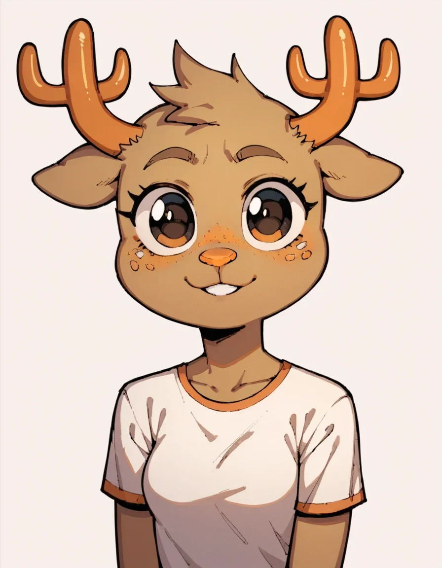 score_9, score_8_up, score_7_up, 1girl, anthro, 1girl, deer girl, light brown fur, orange nose, orange freckles, 2 horns, black eyes