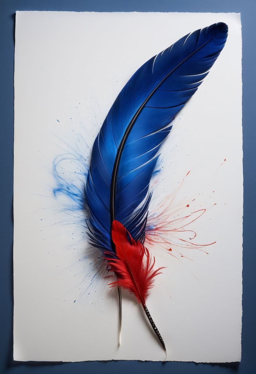 mysterious phoenix feather gliding through the air, single drop of deep blue ink dropping from the tip of the feather into a half full quill while an old piece of paper with beautiful writing and burning edges is hovering in the middle of it all, backlit glorious feather, fading blue red background, by Minjae Lee, Carne Griffiths, Emily Kell, Steve McCurry, Geoffroy Thoorens, Aaron Horkey, Jordan Grimmer, Greg Rutkowski, amazing depth, double exposure, surreal, geometric patterns, intricately detailed, bokeh,  perfect balanced, deep fine borders, artistic photorealism , smooth,  great masterwork by Suiras  <lora:add-detail-xl:2>  <lora:Double_Exposure:0.5>