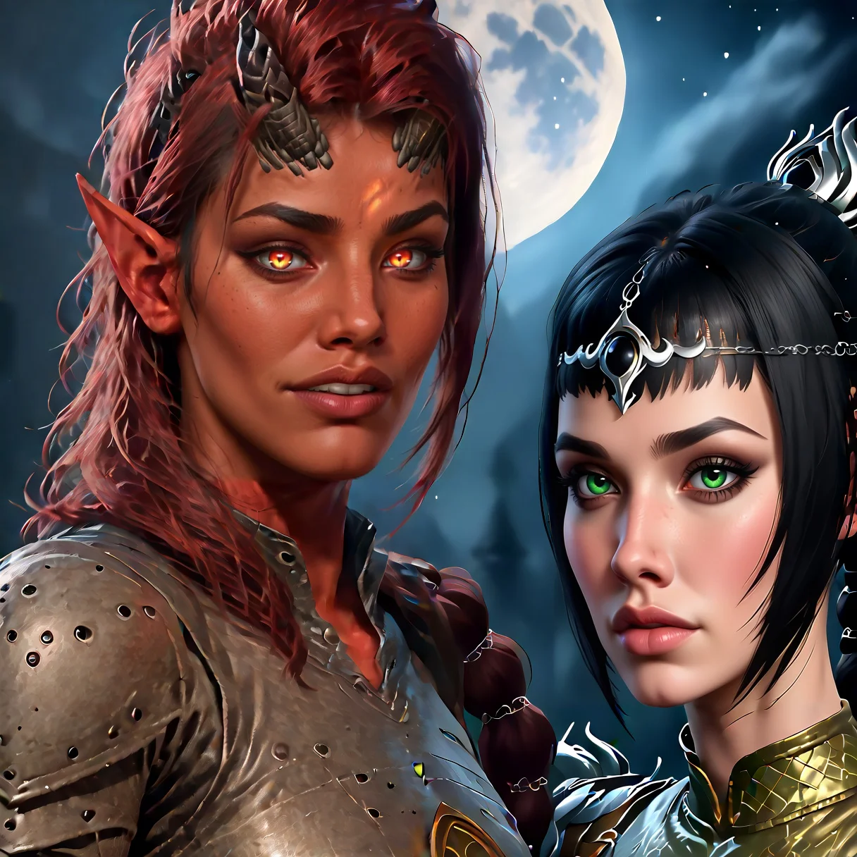 score_9,score_8_up,score_7_up,score_6_up,score_5_up,score_4_up,rating_questionable,extremely detailed,high quality,realistic,beautiful eyes,moon,night,2girls,looking at viewer
BREAK
karlach,glowing eyes,red skin,horns,(steel armor:1.2),smile
<lora:Karlach_PonyXL:0.7>
BREAK
shadowheart,black hair,braided ponytail,green eyes,circlet,armor
<lora:ShadowHeartXL:0.7>