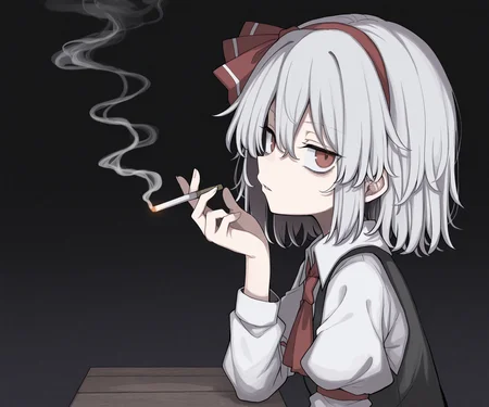 masterpiece, best quality, amazing quality, 1girl, solo, looking at viewer, smoking, <lora:Uwata_h ILXL:1> Uwata_h, touhou