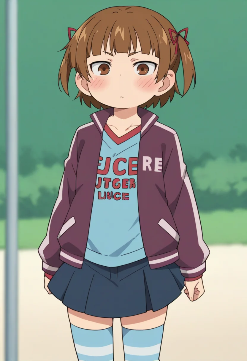 score_9, score_8_up, score_8, source_anime, <lora:MitsubaMarui:0.85> 1girl, brown hair, brown eyes, solo, twintails, short twintails, short hair, hair ribbon, jacket, clothes writing, purple jacket, blue shirt, blue skirt, striped thighhighs, blush, stupid
beach background, blurry background,