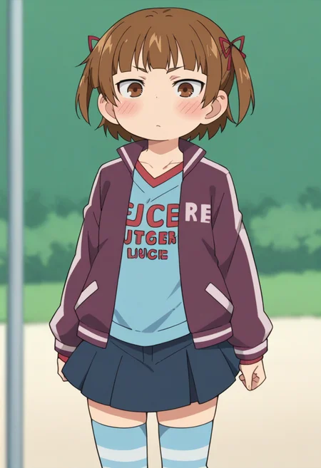 score_9, score_8_up, score_8, source_anime, <lora:MitsubaMarui:0.85> 1girl, brown hair, brown eyes, solo, twintails, short twintails, short hair, hair ribbon, jacket, clothes writing, purple jacket, blue shirt, blue skirt, striped thighhighs, blush, stupid
beach background, blurry background,