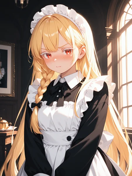 <lora:CR_BPC:1> CR_BPC, 1girl, very long hair, <lora:cfg_scale_boost:0.5> <lora:spo_sdxl_10ep_4k-data_lora_webui:0.4> white eyelashes, [[lazypos]] <lora:omoyunakyu715-_style_Illustrious:0.3> omoyu_nakyu715 <lora:retrocute:0.3>, indoors, enmaided, maid, dress, sunlight, alternate hairstyle, side braid, embarrassed, upper body, annoyed, blonde hair,