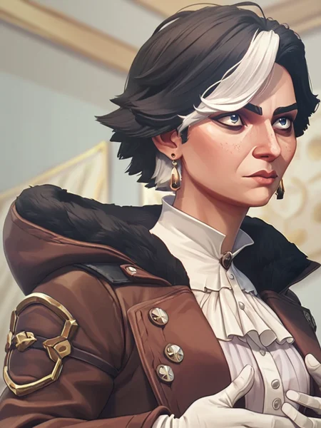 score_9, score_8_up, score_7_up, cassandra kiramman, bangs, black hair, 1boy, closed mouth, jacket, upper body, white hair, multicolored hair, earrings, white gloves, <lora:arcane_pony_v1-2_mx:0.95>