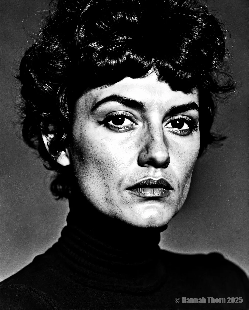 a black-and-white portrait of a woman, likely in her late twenties or early thirties, with a serious, almost contemplative expression, she has large, almond-shaped eyes with a hint of sadness or contemplation, and her lips are full and slightly parted, her hair is dark, voluminous, and styled in an updo, with some strands framing her face, she appears to be wearing a high-necked, dark-colored sweater, possibly a turtleneck, which contrasts starkly with her pale skin, the background is a plain, dark gray, which makes her the focal point of the image, the lighting is soft and diffused, casting subtle shadows that accentuate her face and the texture of her clothing, the overall mood of somber and introspective, emphasizing the woman's emotional and physical state<lora:_Flux\Helmut_Newton-000001.safetensors:1.0:1.0>