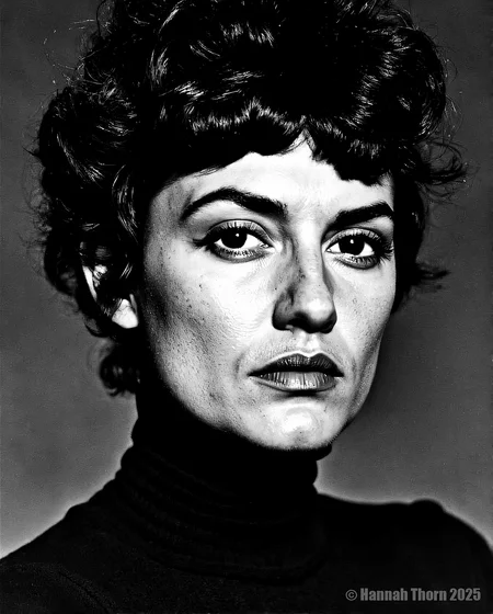 a black-and-white portrait of a woman, likely in her late twenties or early thirties, with a serious, almost contemplative expression, she has large, almond-shaped eyes with a hint of sadness or contemplation, and her lips are full and slightly parted, her hair is dark, voluminous, and styled in an updo, with some strands framing her face, she appears to be wearing a high-necked, dark-colored sweater, possibly a turtleneck, which contrasts starkly with her pale skin, the background is a plain, dark gray, which makes her the focal point of the image, the lighting is soft and diffused, casting subtle shadows that accentuate her face and the texture of her clothing, the overall mood of somber and introspective, emphasizing the woman's emotional and physical state<lora:_Flux\Helmut_Newton-000001.safetensors:1.0:1.0>