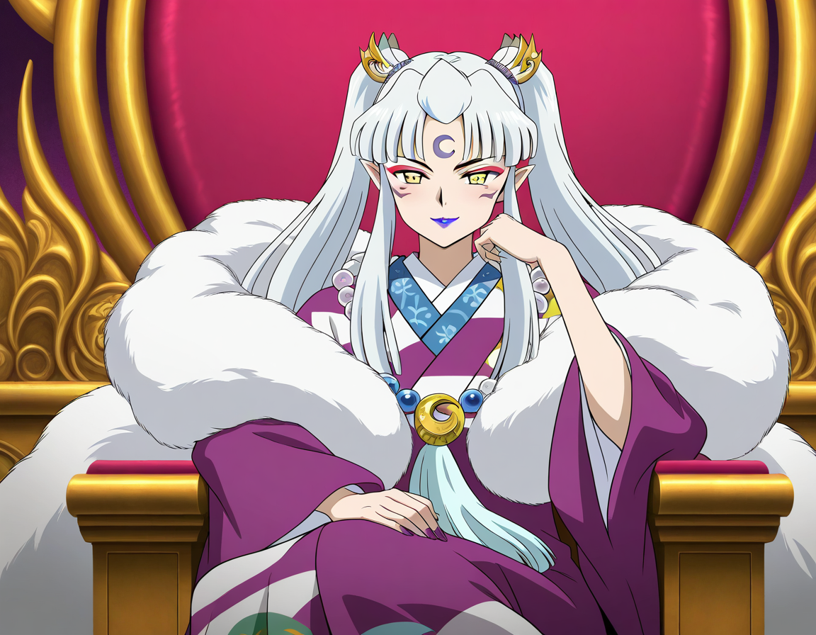 general,highres, ultra-detailed,very aesthetic,best quality ,best hands,  BREAK  <lora:Sesshomaru_no_Haha_IS:1>
Sesshomaru_no_Haha,pointy ears, japanese clothes, 1girl,solo, facial mark, kimono, white hair, long hair, 
yellow eyes, makeup, lipstick, forehead mark, crescent, necklace, fur, jewelry, purple lips, ponytail, twintails, fur trim, anime coloring, hair ornament, wide sleeves,
throne, throne, sitting,fearless smile,