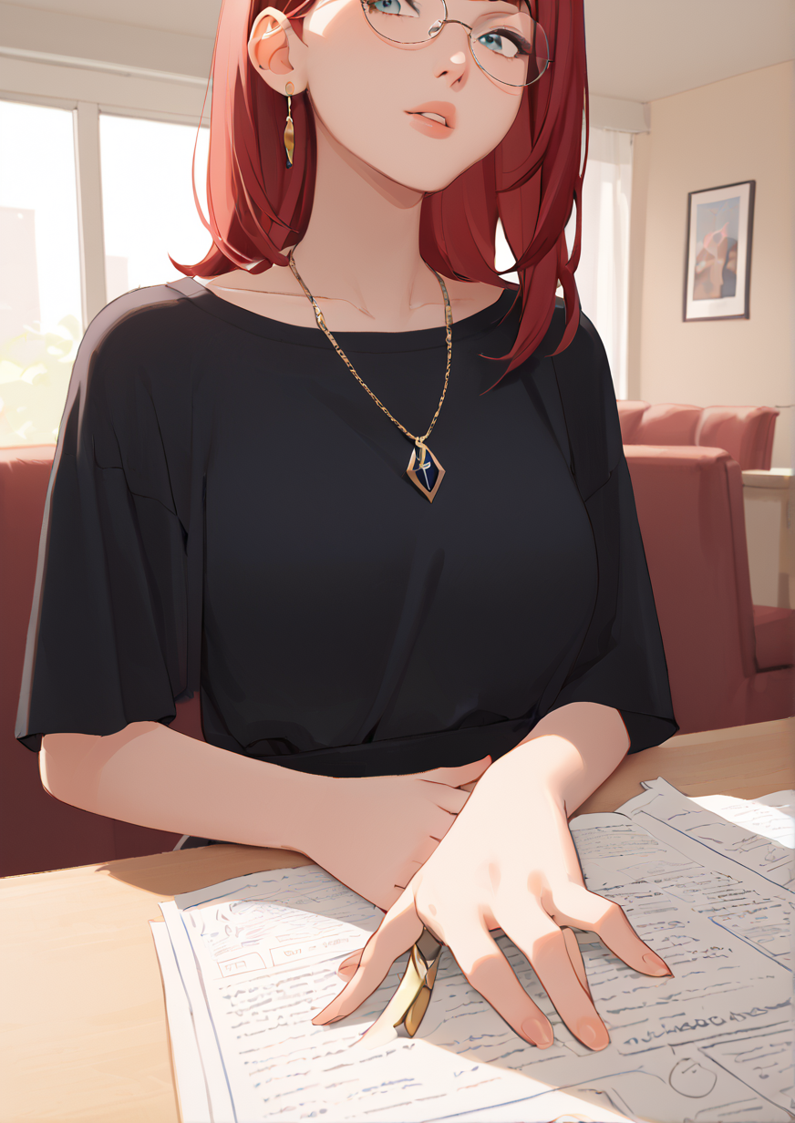 1girl, dreya (path to nowhere), huge breast, asymmetrical bangs, black dress, close-up, dress, glasses, indoors, jewelry, medium hair, necklace, parted lips, portrait, round eyewear, shirt, solo,zPDXL3,  handfixer <lora:HandFixer_pdxl_Incrs_v1:1><lora:dNaitari:0.9>