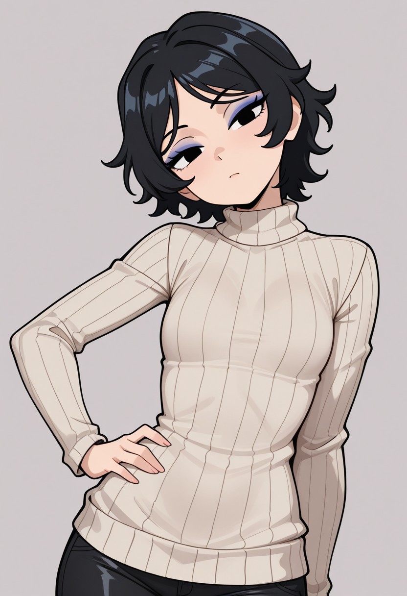 hollieh, 1girl, solo, hand on hip, looking at viewer, head tilt, black hair, short hair, eyeshadow, turtleneck sweater