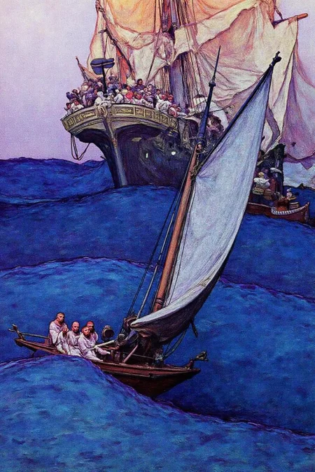hopy1 illustration.
A dramatic maritime scene. The artwork showcases a tumultuous sea with swirling, deep blue and purple waves. In the foreground, a small, wooden sailboat with a crew of four people, dressed in simple, white robes, is being tossed about in the rough waters. The <lora:hopy1_cap_d6a3e12:1.0><lora:826166882706062402:0>