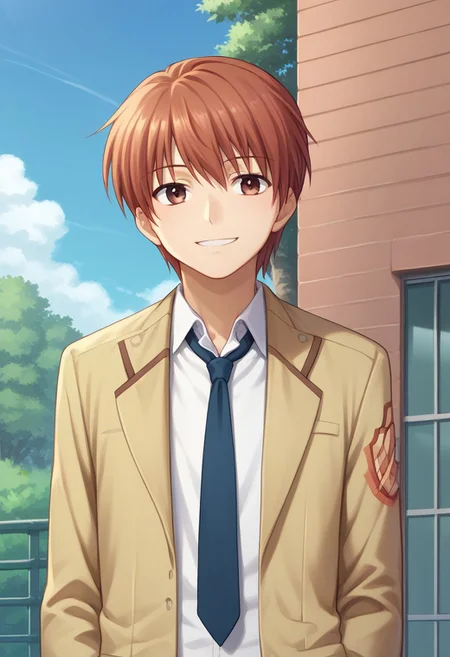 score_9, score_8_up, score_7_up, source_anime, highly detailed,
yuzuru, 1boy, school uniform, male focus, solo, brown eyes, necktie, shinda sekai sensen uniform, red hair, red eyes, upper body, smile,
outdoor, sky, tree,