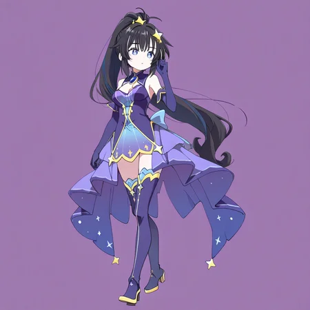elbow gloves, star hair ornament, walking, zhehelan, very long hair, cleavage, black hair, purple gloves, ponytail, index finger raised, blue gloves, medium breasts, adjusting hair, multicolored hair, full body, upper body, 1girl, brooch