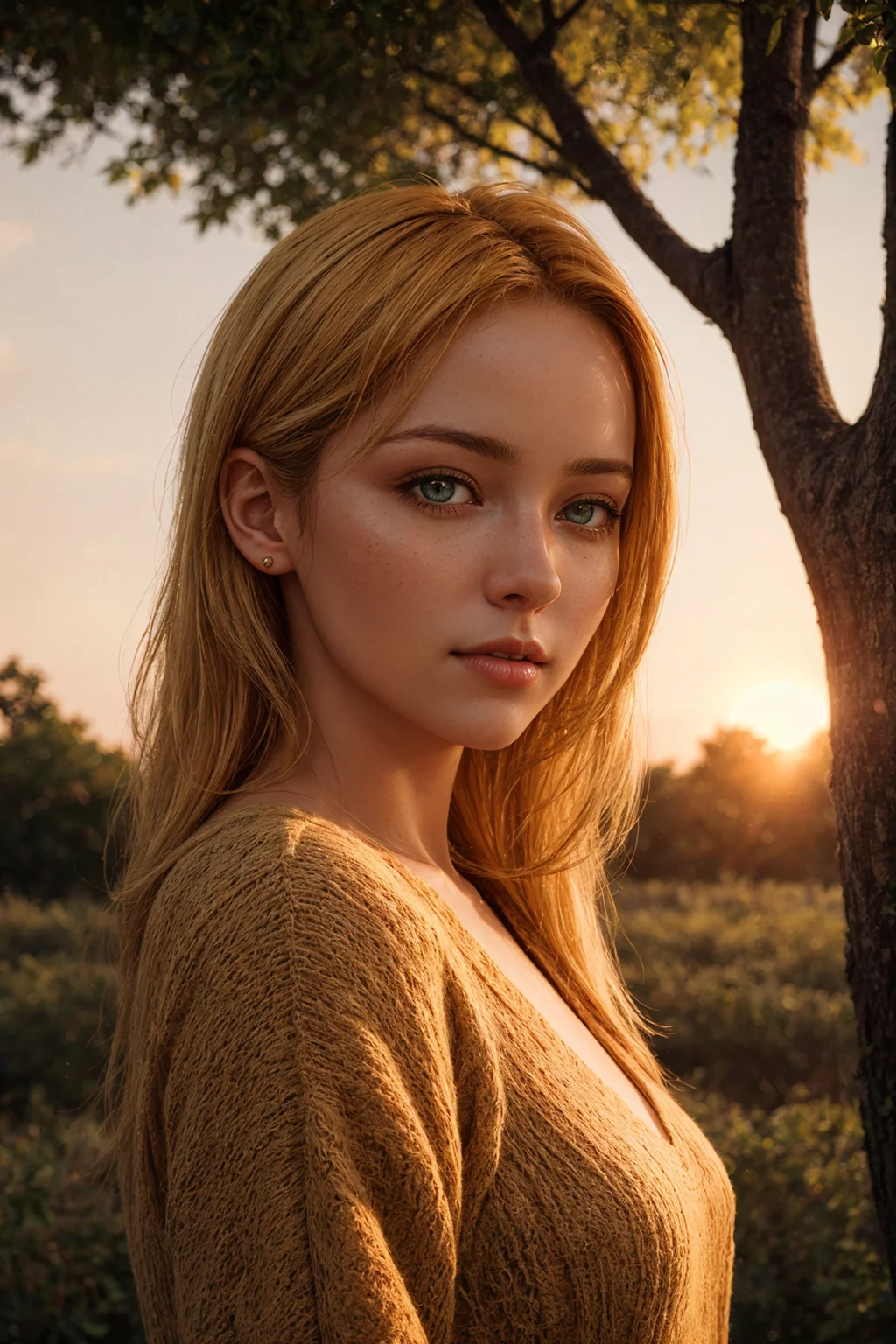 (photorealism:1.5), RAW photo,  
beautiful woman, orange and blonde hair, leaning against a tree, sunset background, peaceful expression, detailed clothing, high detail, photorealistic, vibrant colors, warm glow
 <lora:add_detail:0.5>