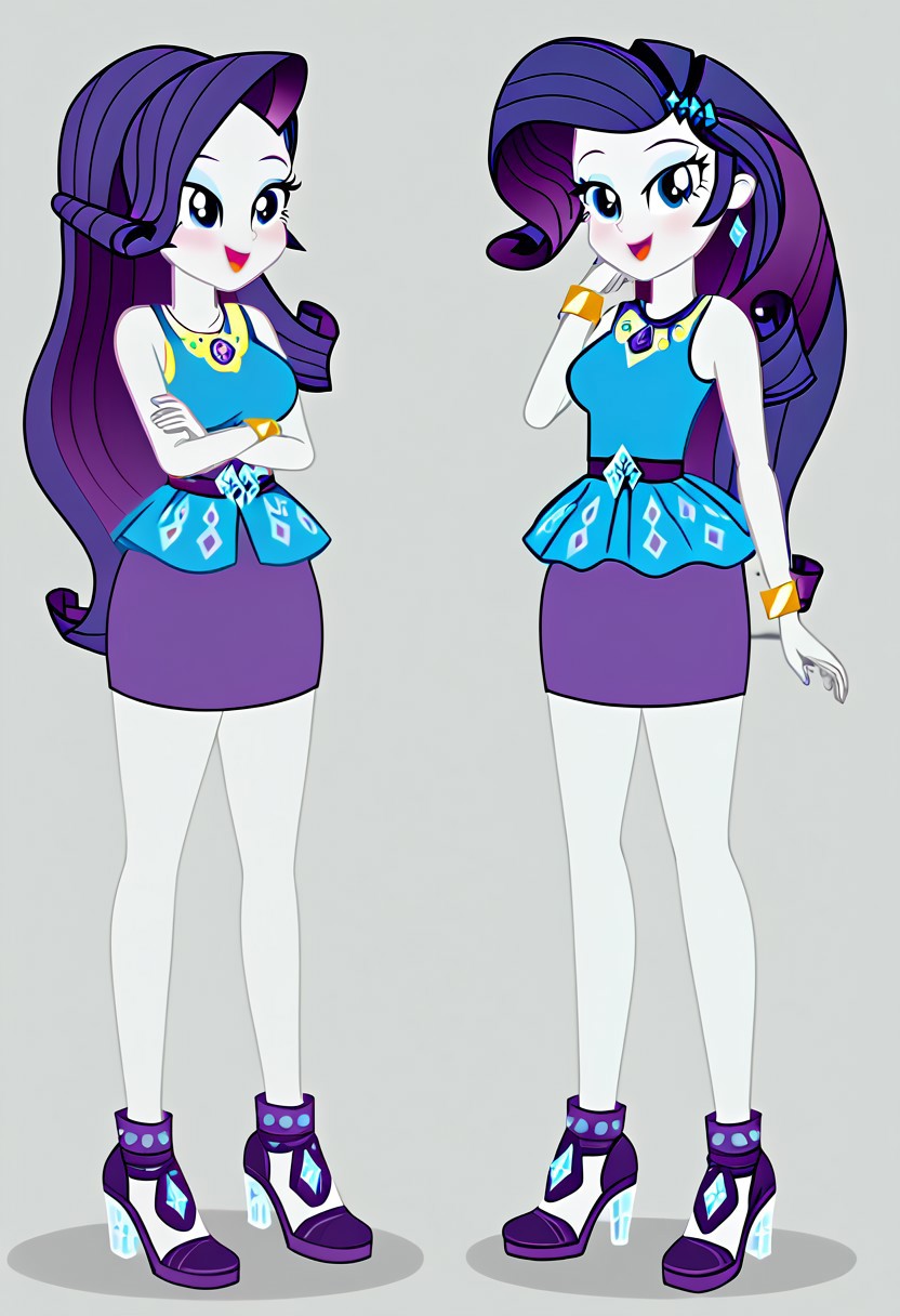 (High Resolution), (More Details), (8K), (High Resolution), Rarity, equestria girls, 1 girl, rarity peplum dress, pencil skirt, purple skirt, shielding geode, Jewelry, bracelets, High heels, Full body, Sexy and sensual model body, pose, seductive and flirtatious look, beautiful, attractive, Mature body, big breasts,