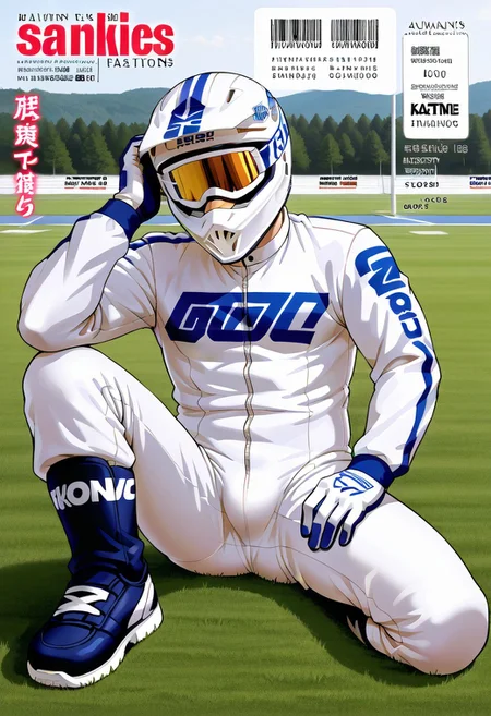 (Aaaild, Aaadjd, manga cover, magazine cover, text) source_anime, perfect anatomy, perfect proportions, best quality, masterpiece, high_resolution, high quality, solo focus, male focus, male only, bara, gay, homo, mature, masculine, manly, virile, macho, hunky, rugged, beefy, middle-age, daddy, dilf, handsome, alluring, seductive, heroic, serious, grim, stern, unsociability, bluntness, gruffness, BREAK (faceless, eyeless, white dirt bike helmet, looking at viewer, white bodysuit, white racing gloves, Motorsport bodysuit, alpine racing suit, full bodysuit, skin covered, bodysuit bulge, long sleeves, black sneaker), BREAK sitting on grass ground, lying on back, relaxed pose, leaning slightly, one knee bent upward, legs spread, hand supporting head, contemplative expression, horny, kinky, domination, shading, countershading, outdoors, bright atmosphere, racing Motorcycle track background, scenery, asphalt
