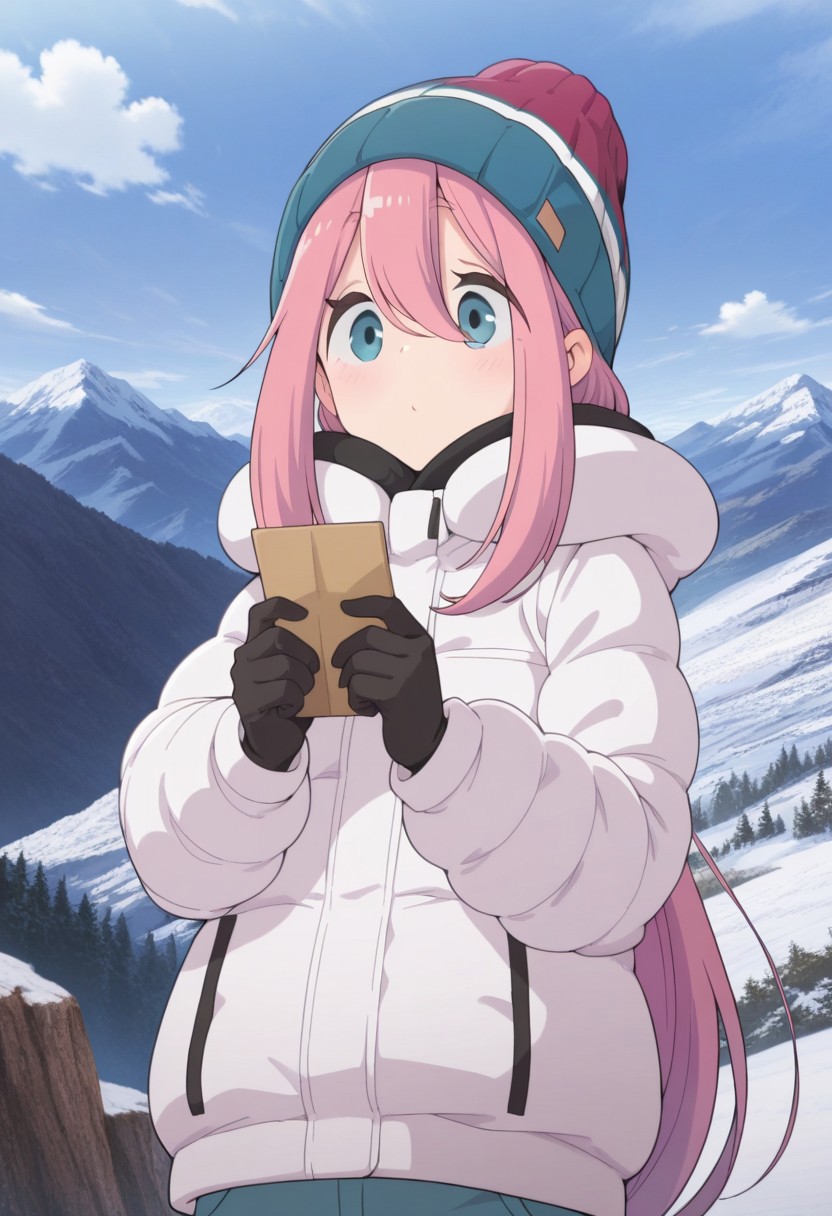 masterpiece,best quality,amazing quality,kagamihara nadeshiko, pink hair, long hair, blue eyes, 1girl, solo, gloves, outdoors, hat, sky, black gloves, mountain, beanie, day, holding, hair between eyes, blue sky, cloud
