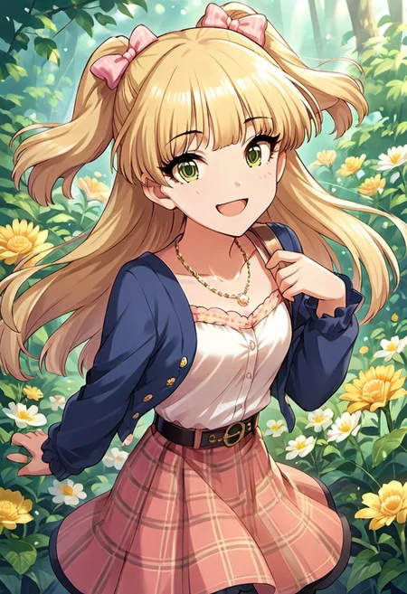 score_9, score_8_up, score_7_up, source_anime, jougasaki rika, long hair, blonde hair, two side up, green eyes, 1girl, solo, open mouth, jewelry, smile, bow, hair bow, necklace, flower, skirt, looking at viewer