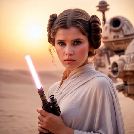 Star Wars prises Leia, (delicate face, beautiful eyes, natural, eye contact) with the young Anakin Skywalker holding his light sabre, by her side, (Han Solo, holding his laser gun) with the millennium falcon in the background on the planet Tatooine, shallow depth of field, vignette, highly detailed, high budget Hollywood film, bokeh, cinemascope, moody, epic, gorgeous, film grain, Canon EOS R,Canon RF 85mm F1.2L USM, ISO 100