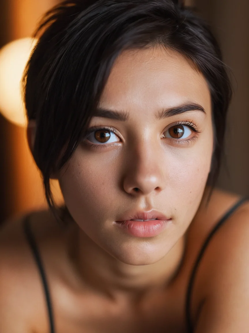 masterpiece, best quality, 1girl, posing (very submissive:1.5), (kneel on the bed), supporting head on hands, (cute face, temptations look),, (half-length portrait:1.95), (androgynous:0.52), (normal weight, normal weight body:1), (brown eyes:1.25), (in love, in love expression:0.74), (triangle shape face:0.36), (black hair:1.25), (disheveled:0.18), deep v top, dress, indoor, room, (canon 50 f/1.2 lens bokeh),, (natural skin:0.64), (skin details, skin texture:0.57), (skin pores:0.25), (skin imperfections:0.79), (skin imperfections:0.22), (tanned skin:0.26), (dimples:0.21), (eyes details:0.63), (iris details:0.62), (circular iris:0.63), (circular pupil:0.6), (facial asymmetry, face asymmetry:0.24), (rim light from bottom-right:0.51), (fashion photography:1.0), (velvia:1.5), (professional photo, balanced photo, balanced exposure:1.2) <lora:hinaTuningFaceDetailer_SDXL-v2-rank256-pruned:0.6>
