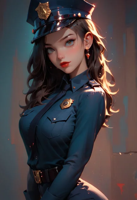 score_9, score_8_up, score_7_up, score_6_up, 1girl, gorgeous girl, kawaii girl, cute face, police officer, brunette updo, officers cap, aviators, dark navy police officers uniform, athletic, lipstick, large breasts, (slim fit), pose , boob focus ,boob focus, (sexy pose), illustration