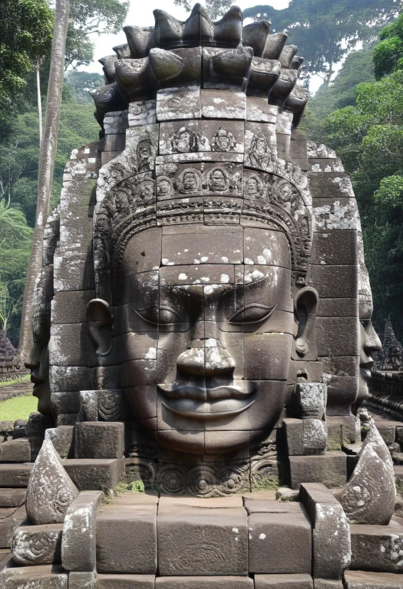high quality, high resolution, extremely detailed,  Angkol, ruins, jungle, outdoors, stone head, statue, no humans
